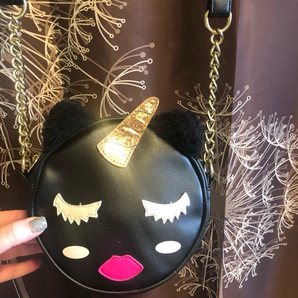 Betsey Johnson Black Round Unicorn Kitty Unikitty Canteen Crossbody Shoulder Bag - Picture 2 of 7